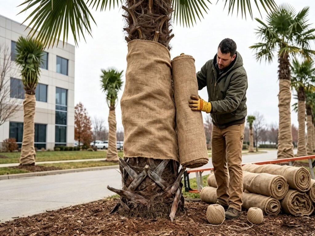 Jute tree wrap on palm trunks