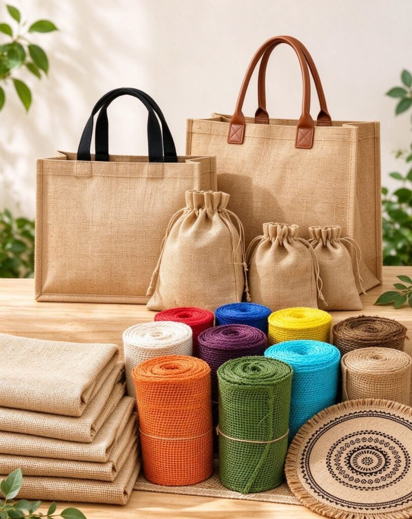 Jute tote bags, drawstring pouches, fabric and colored rolls